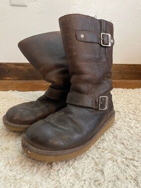 UGG Brown Leather Mid-Calf Buckle Boots